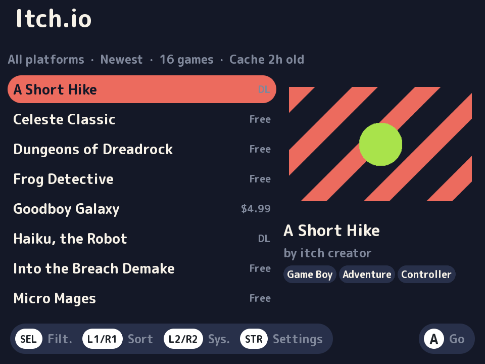 The Itch.io app browsing Game Boy homebrew, with a game list, cover art, title, author, and Catastrophe button hints