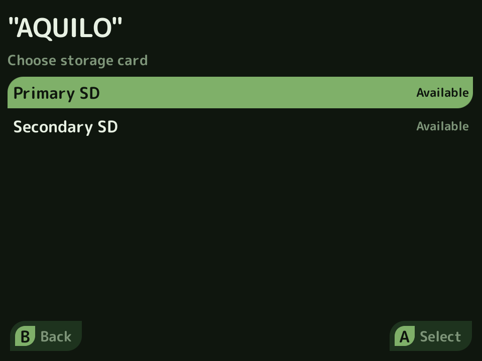 The Itch.io destination picker showing the mounted primary and secondary SD-card choices
