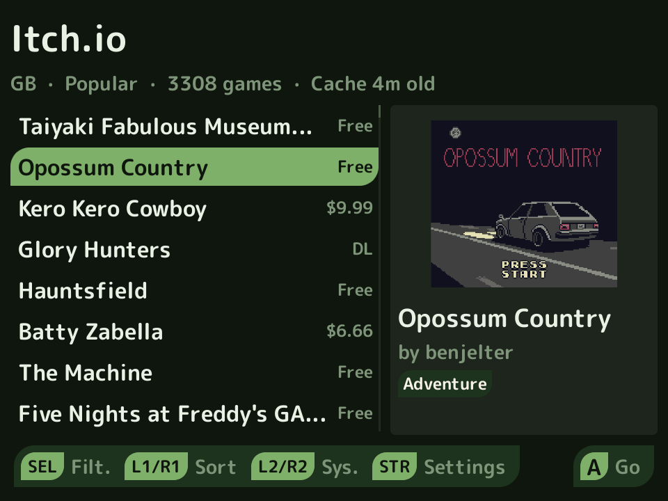 The Itch.io app browsing Game Boy homebrew, with a game list, cover art, title, author, and Catastrophe button hints