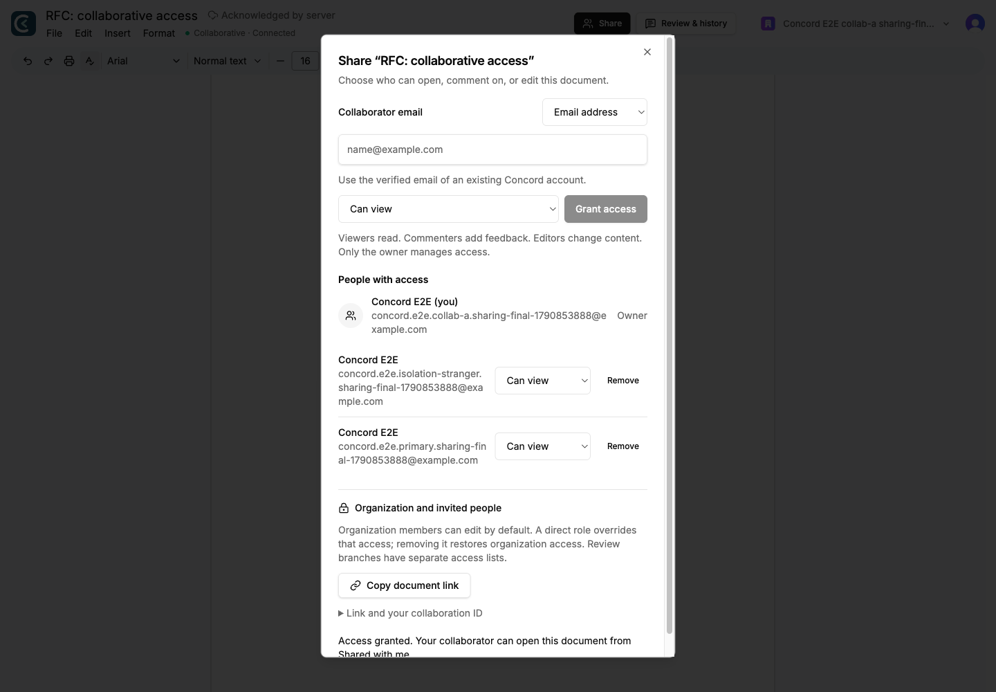Concord share dialog with role management