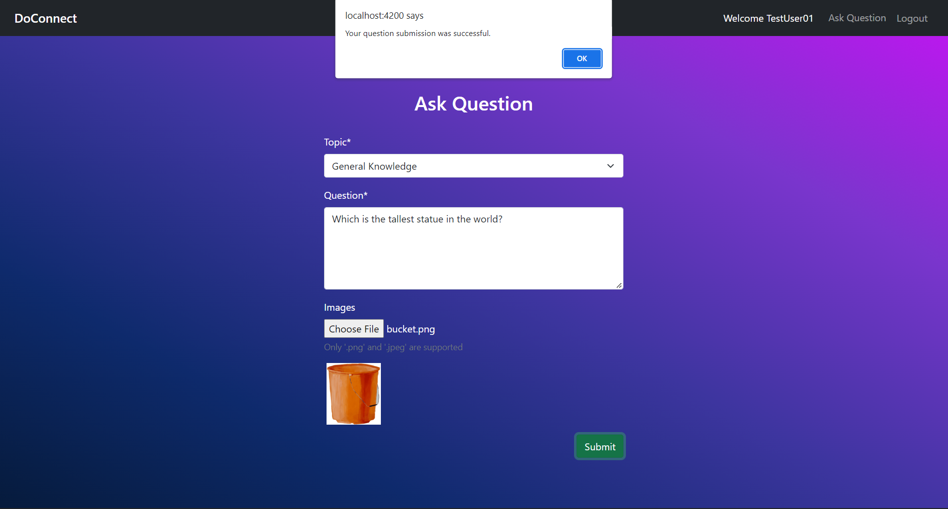 Ask Question Page Submission Successful