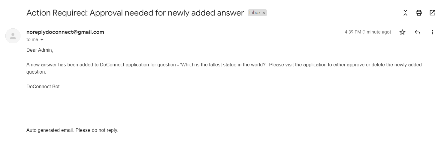 Notification Email Sent to Admins when a new answer is added by User