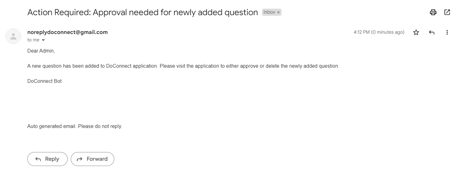 Notification Email Sent to Admins when a new question is added by User