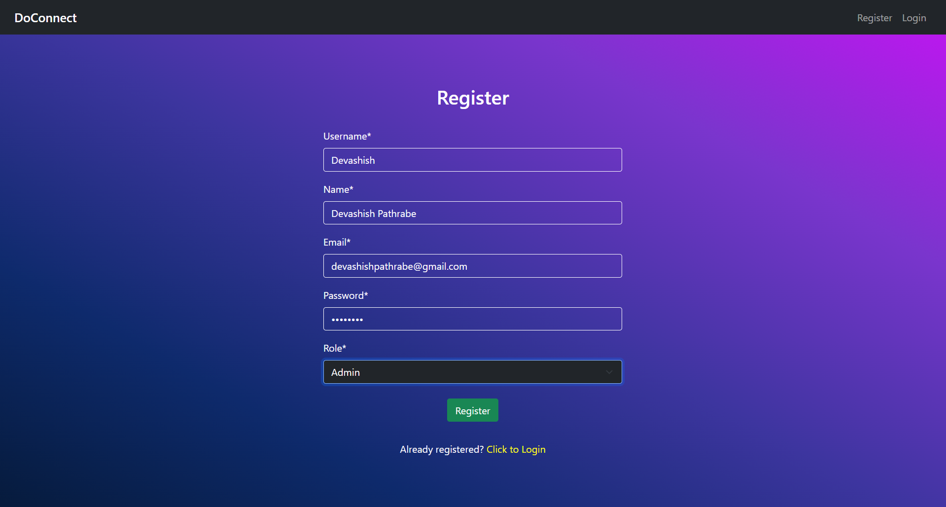 Registration as Admin