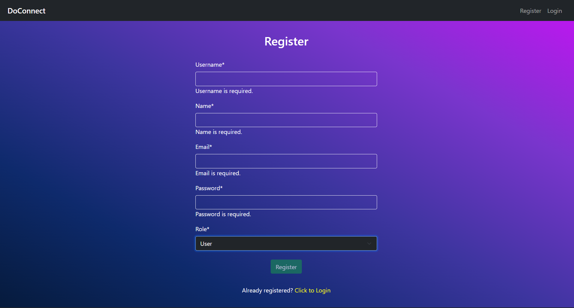 Registration Page with Invalid Fields