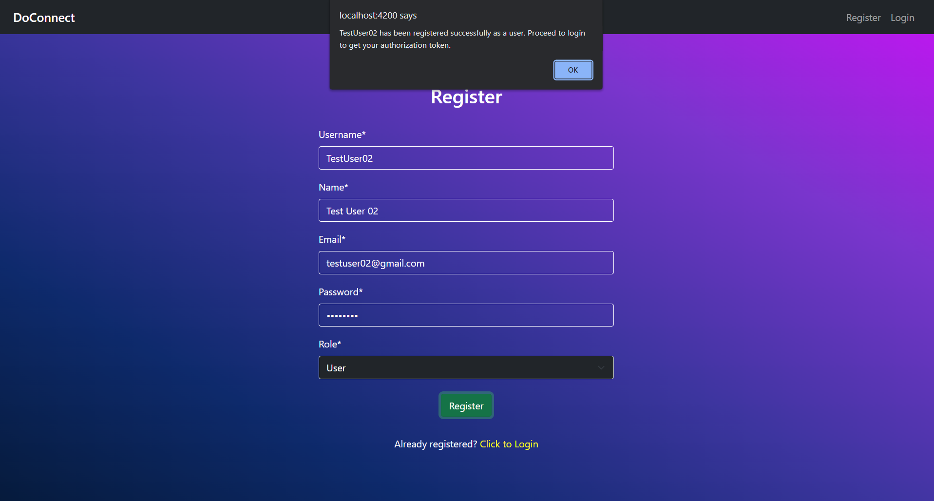 Registration as User Successful