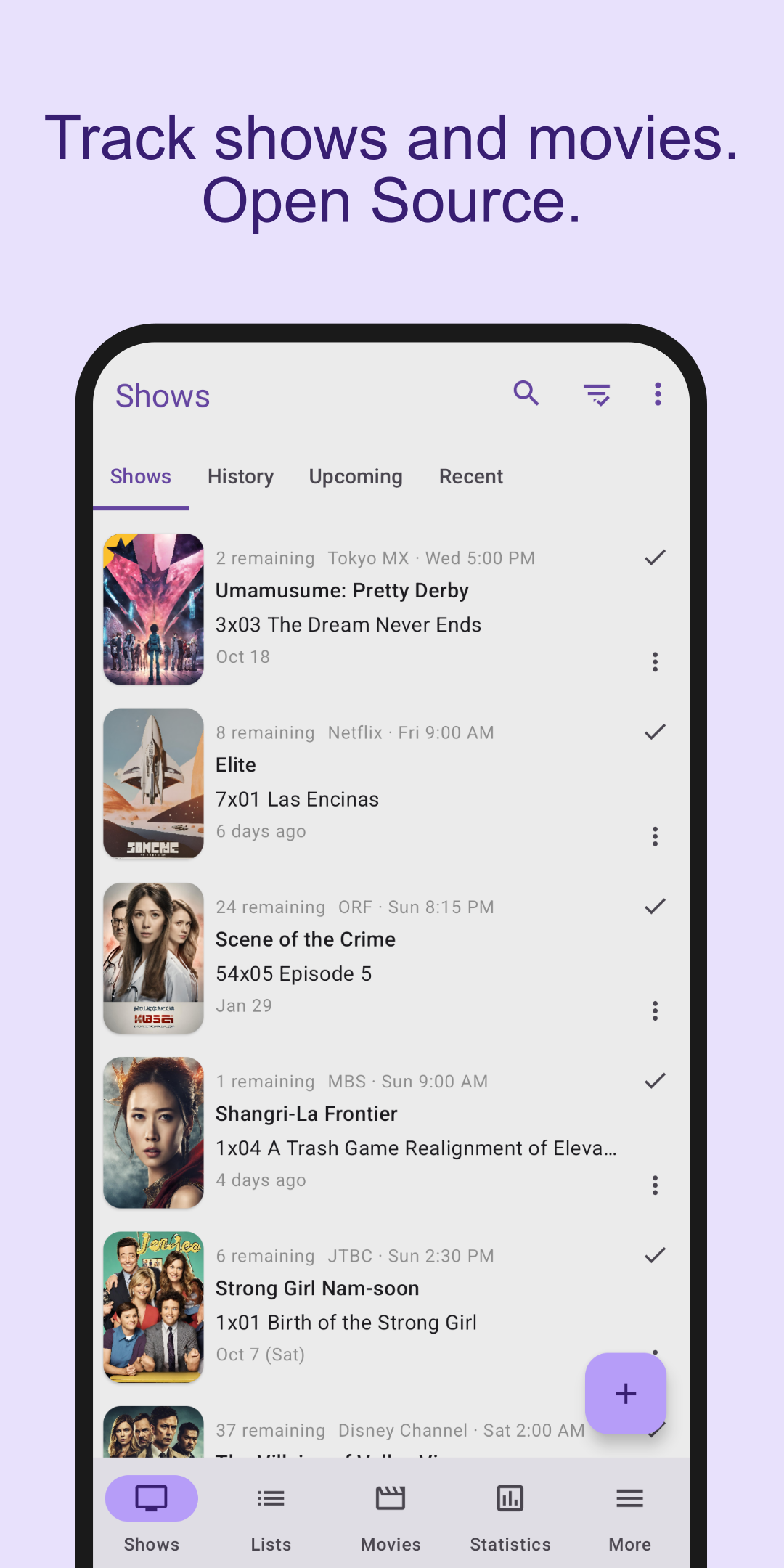 Screenshot of the SeriesGuide app and above it the text "Track shows and movies. Open Source."
