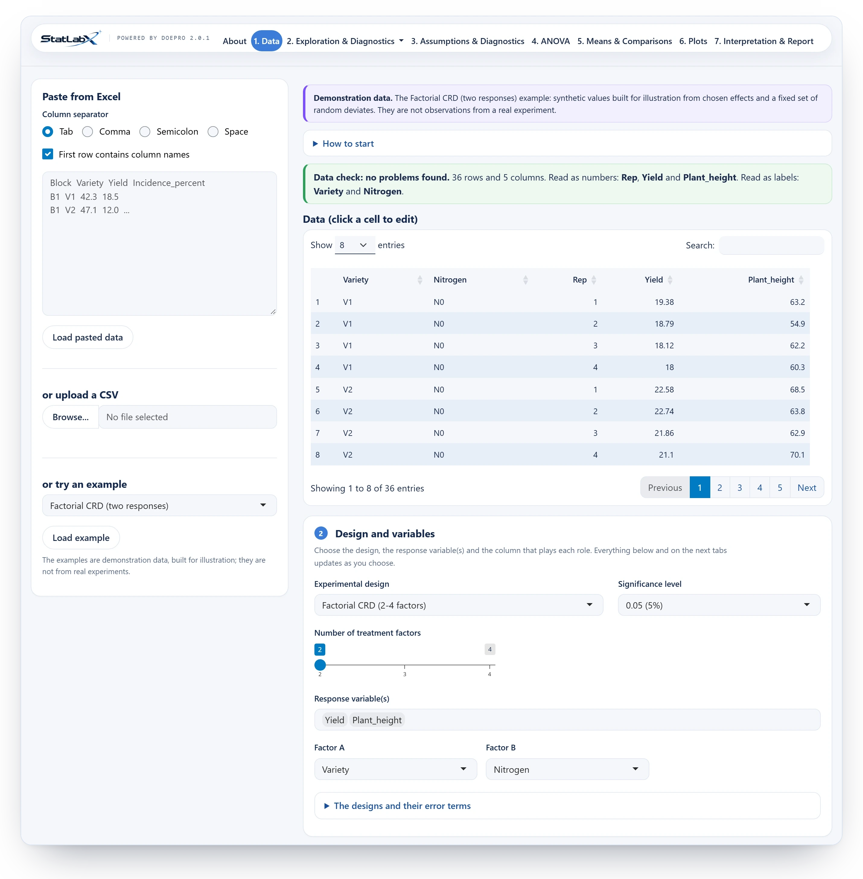 The Data tab: a box to paste from Excel, a CSV upload and an example selector on the left; on the right the data check, the data table and the choice of design, significance level, responses and factors.