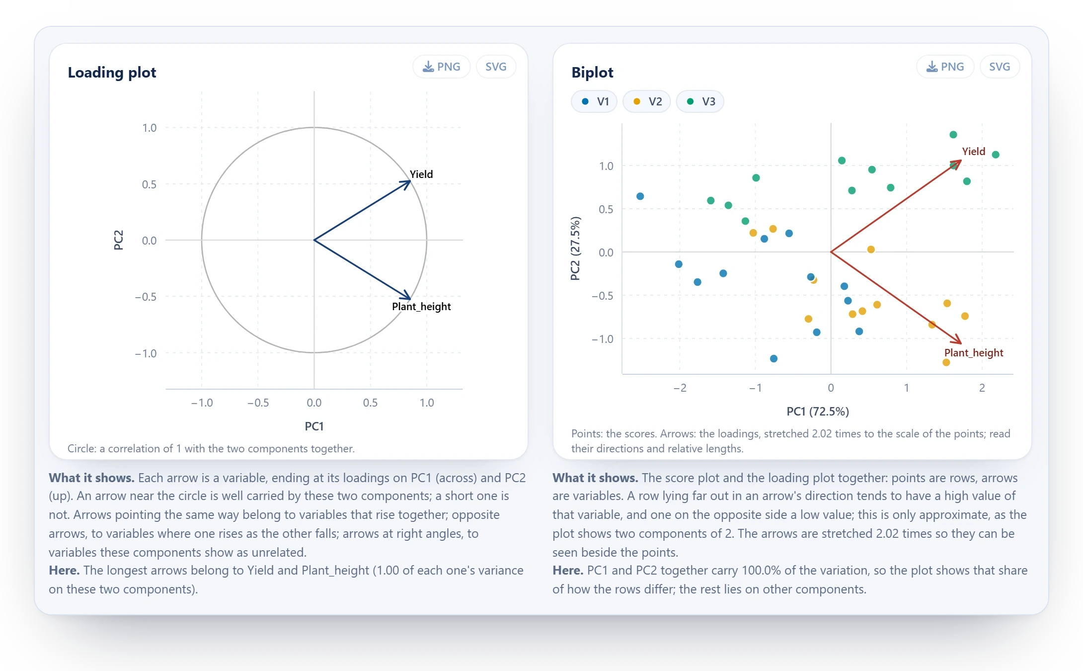 The principal components tab: a loading plot and a biplot, each with a reading of what it shows.