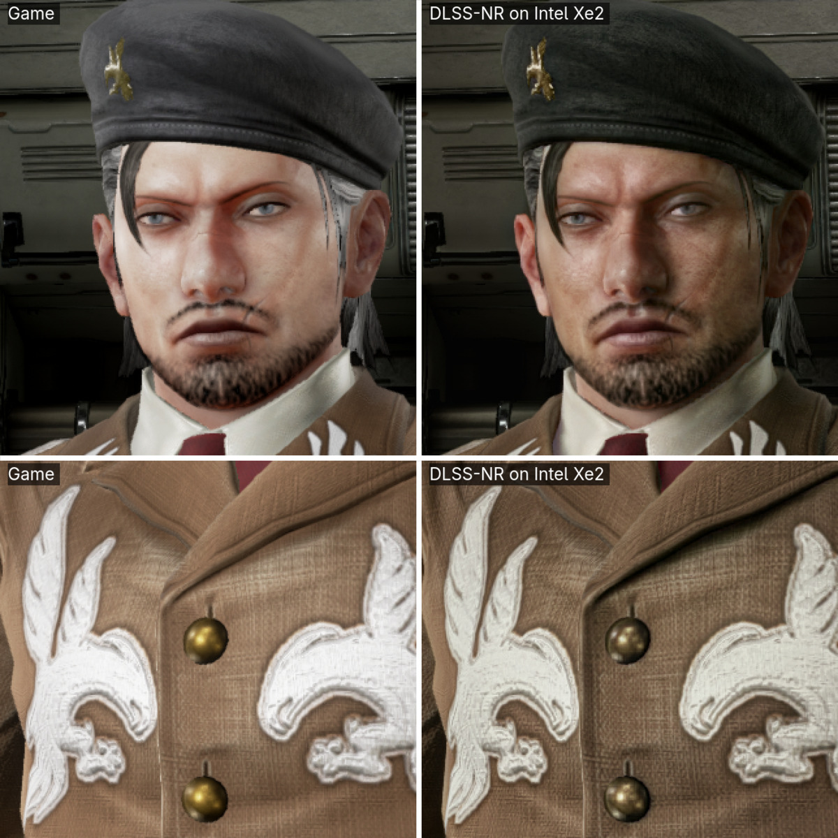 Tekken 7 Sergei Dragunov comparison with game frame on left and DLSS neural rendering on Intel Arc 140V on right