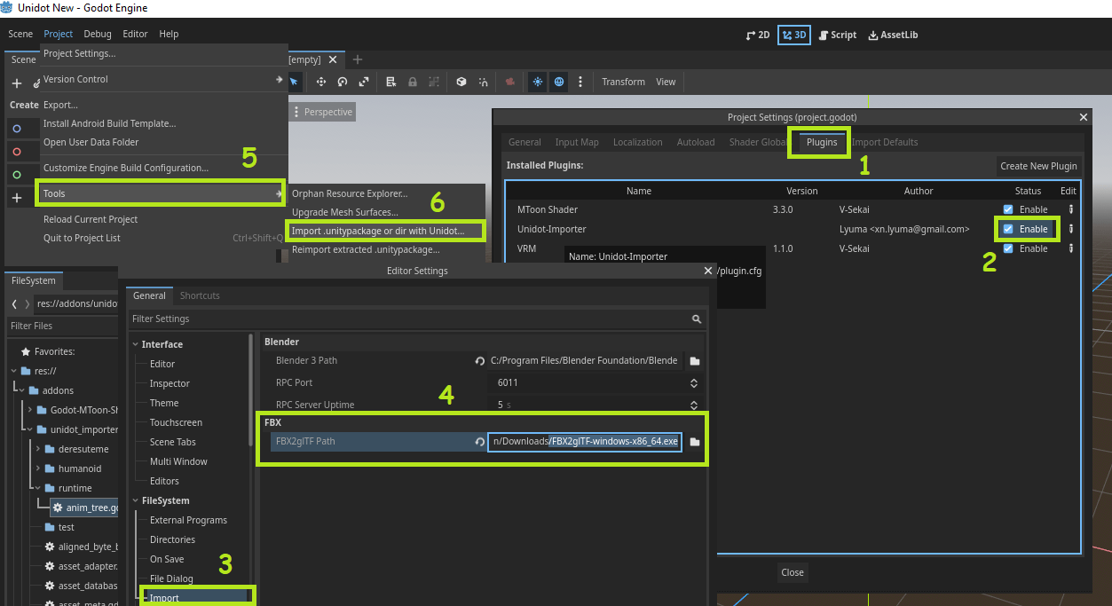 Screenshot showing FBX2glTF in Editor Settings, and enabling the plugin in Project Settings