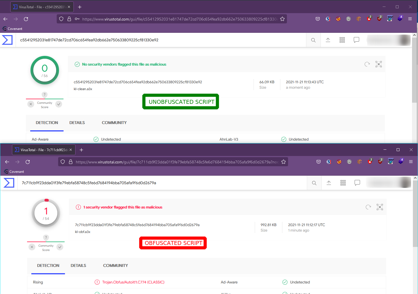 VT obfuscation comparison