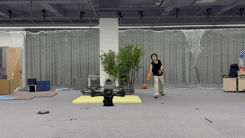 The quadrotor dodges a thrown dumbbell