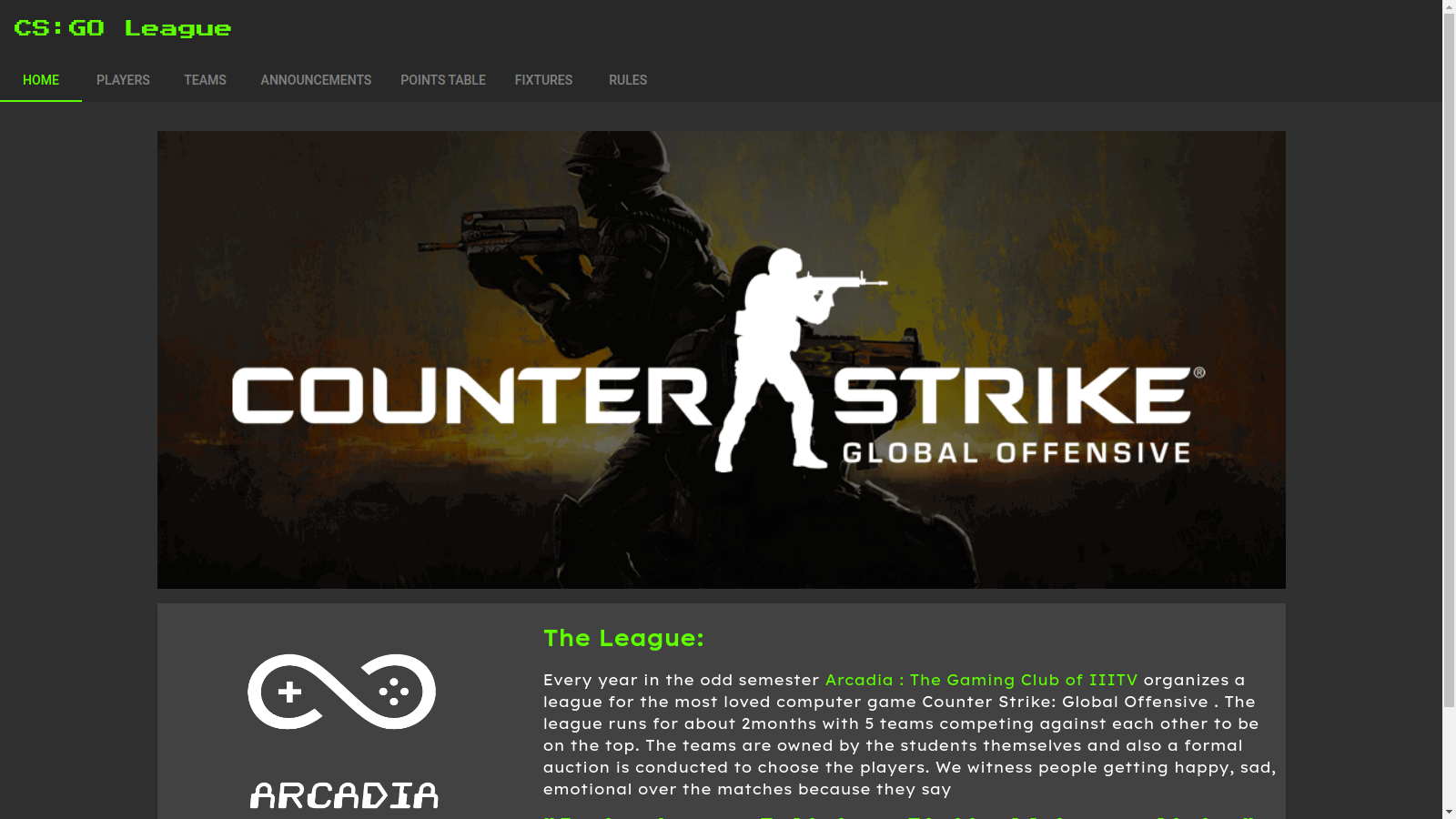 CS : Go League Web app - Landing Page