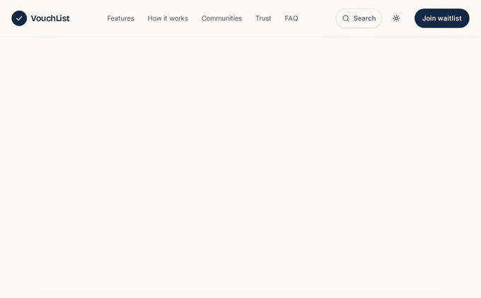Animated demo: a neighbour asks for an electrician, another answers, and VouchList saves the answer to the community list