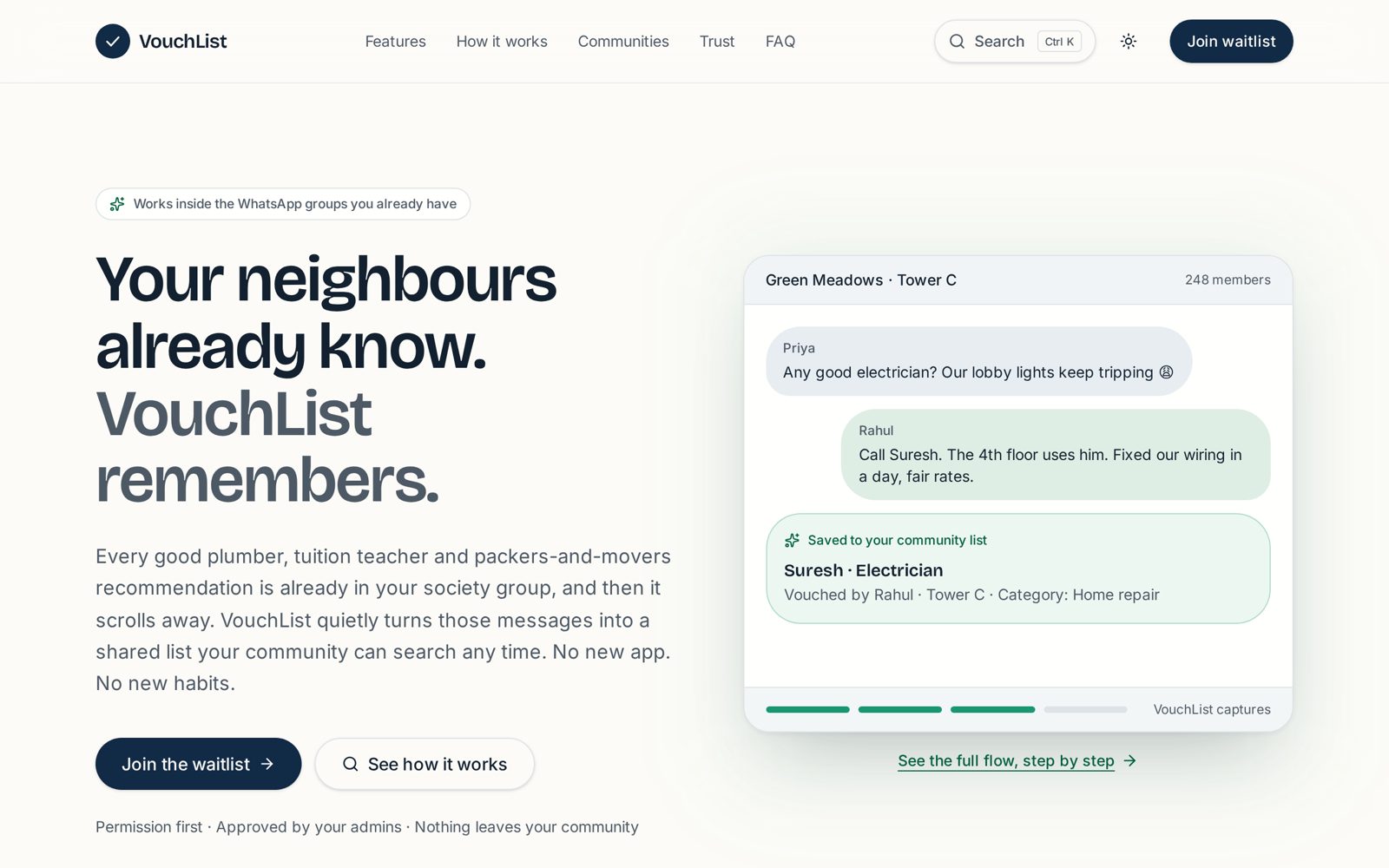 VouchList home page: your neighbours already know, VouchList remembers