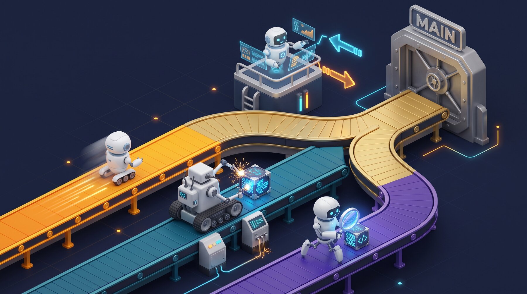 Three worker lanes — fast write, heavy write, review — merging into the main branch under the PM's control
