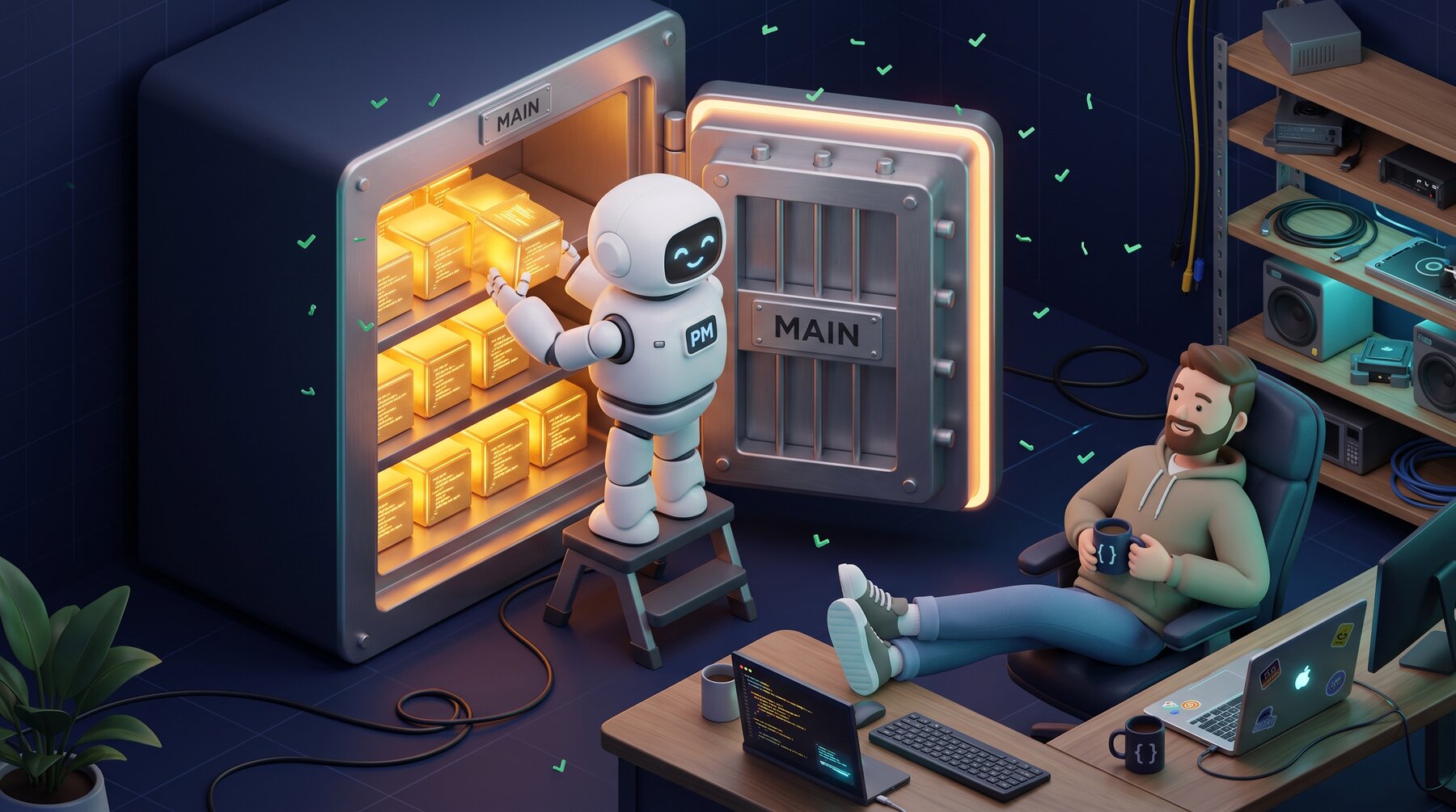 The PM robot places verified code into the main vault while the developer relaxes with coffee