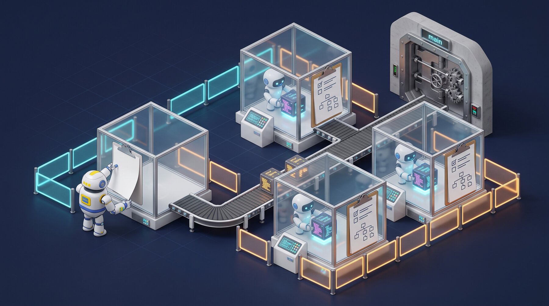 Each worker cell has a job card — a YAML contract listing goal, owned files and verification commands