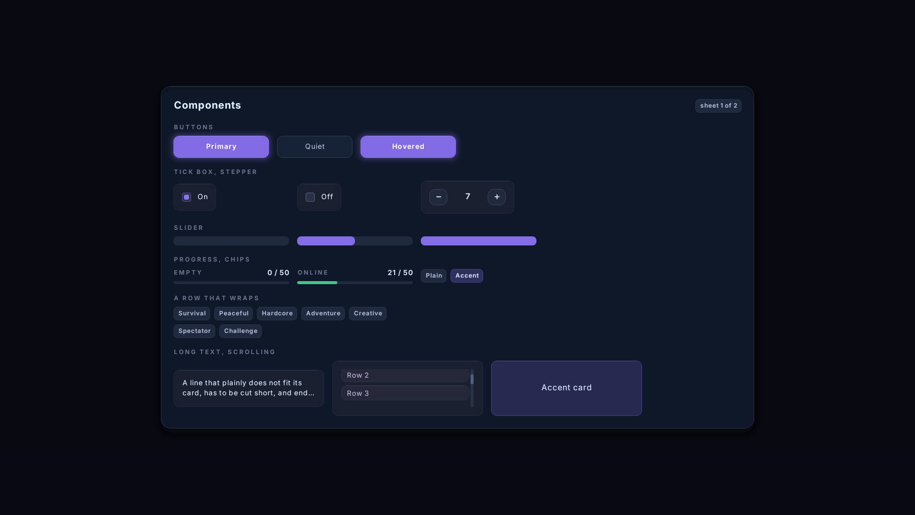 Buttons, tick boxes, sliders, progress bars, chips