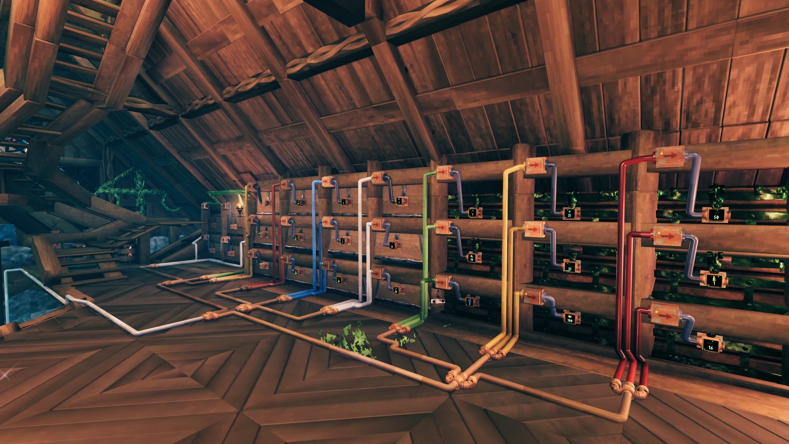 A wall of chests fed by color-coded pipes, conveyors and adapters