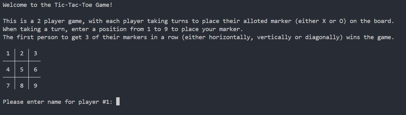 Game instructions for Tic-Tac-Toe Python terminal game