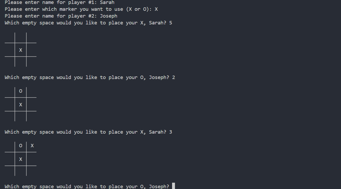 Players taking turns in Tic-Tac-Toe Python terminal game