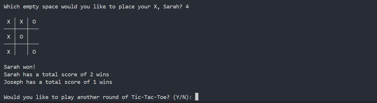 Overall player scores and play again message in Tic-Tac-Toe Python terminal game