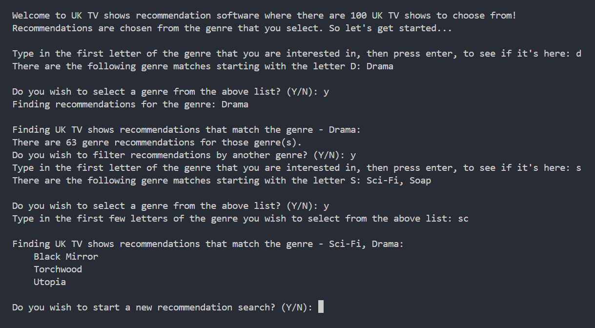 Screenshot of recommendation software