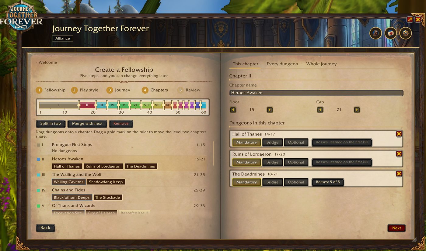 Journey Admin: the ruler, the chapters with their dungeons, and the chosen chapter