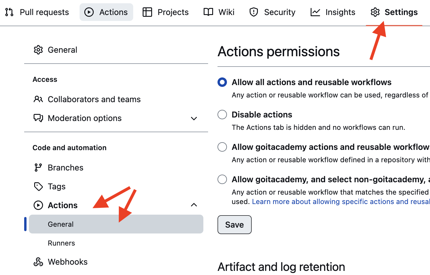 Settings GitHub Actions permissions step 1