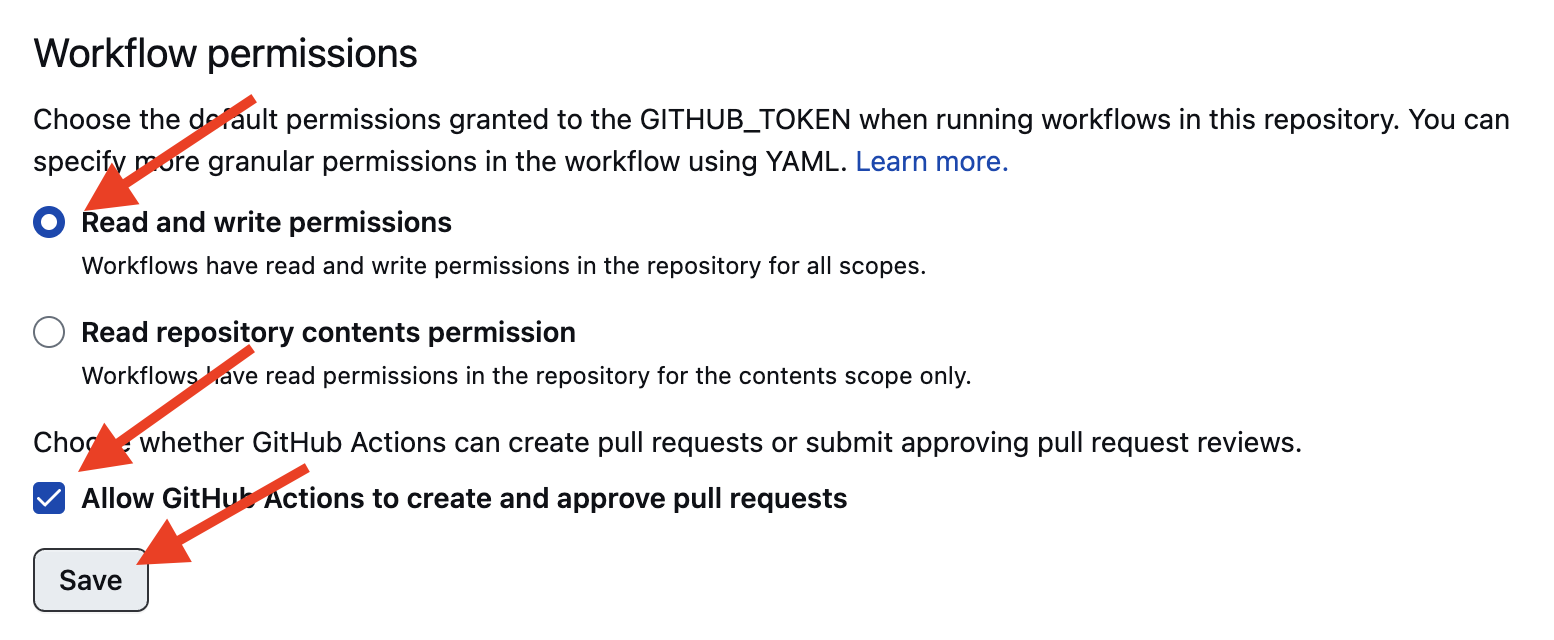 Settings GitHub Actions permissions step 2