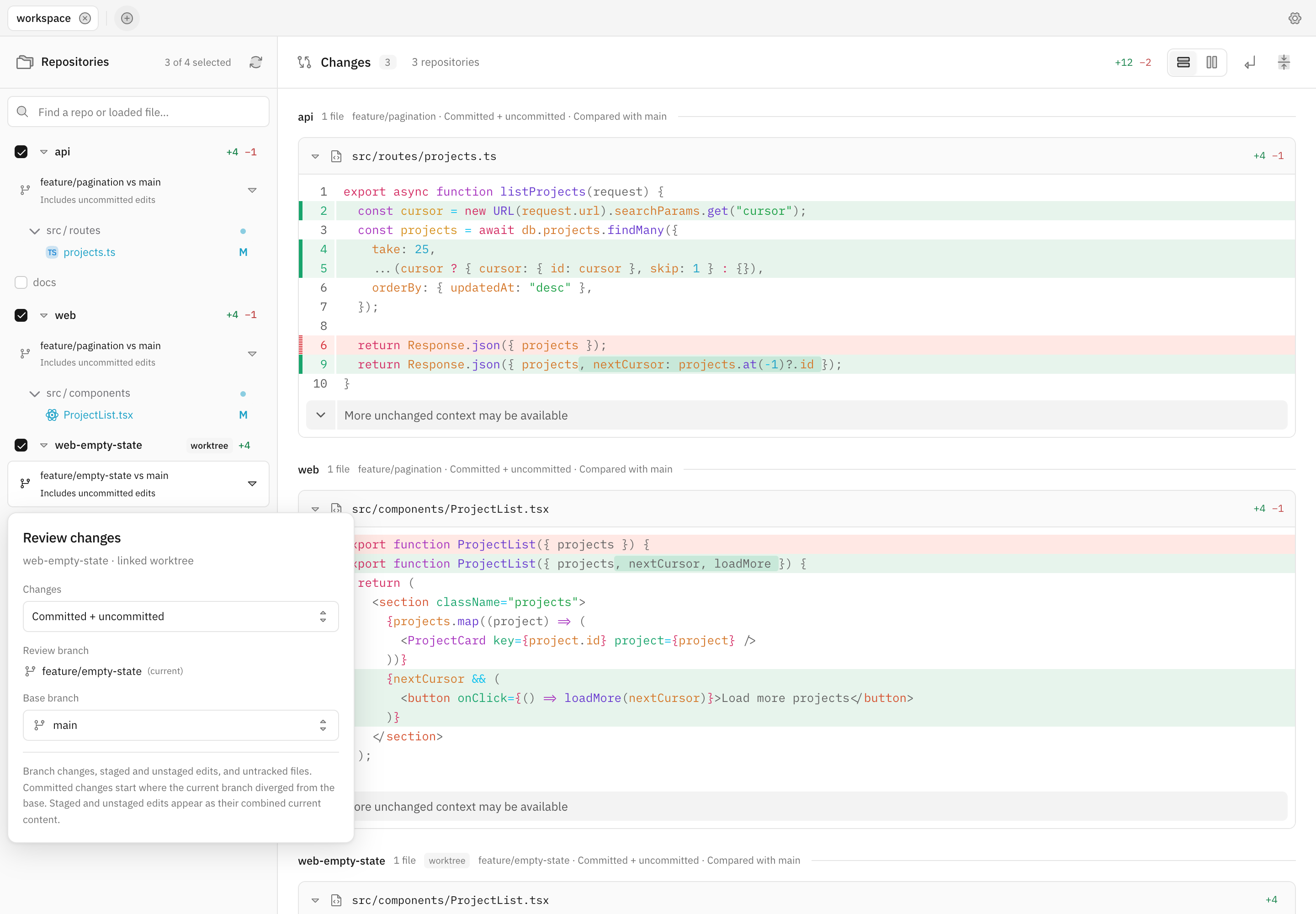 Repository selection and independent branch comparisons, including a linked worktree