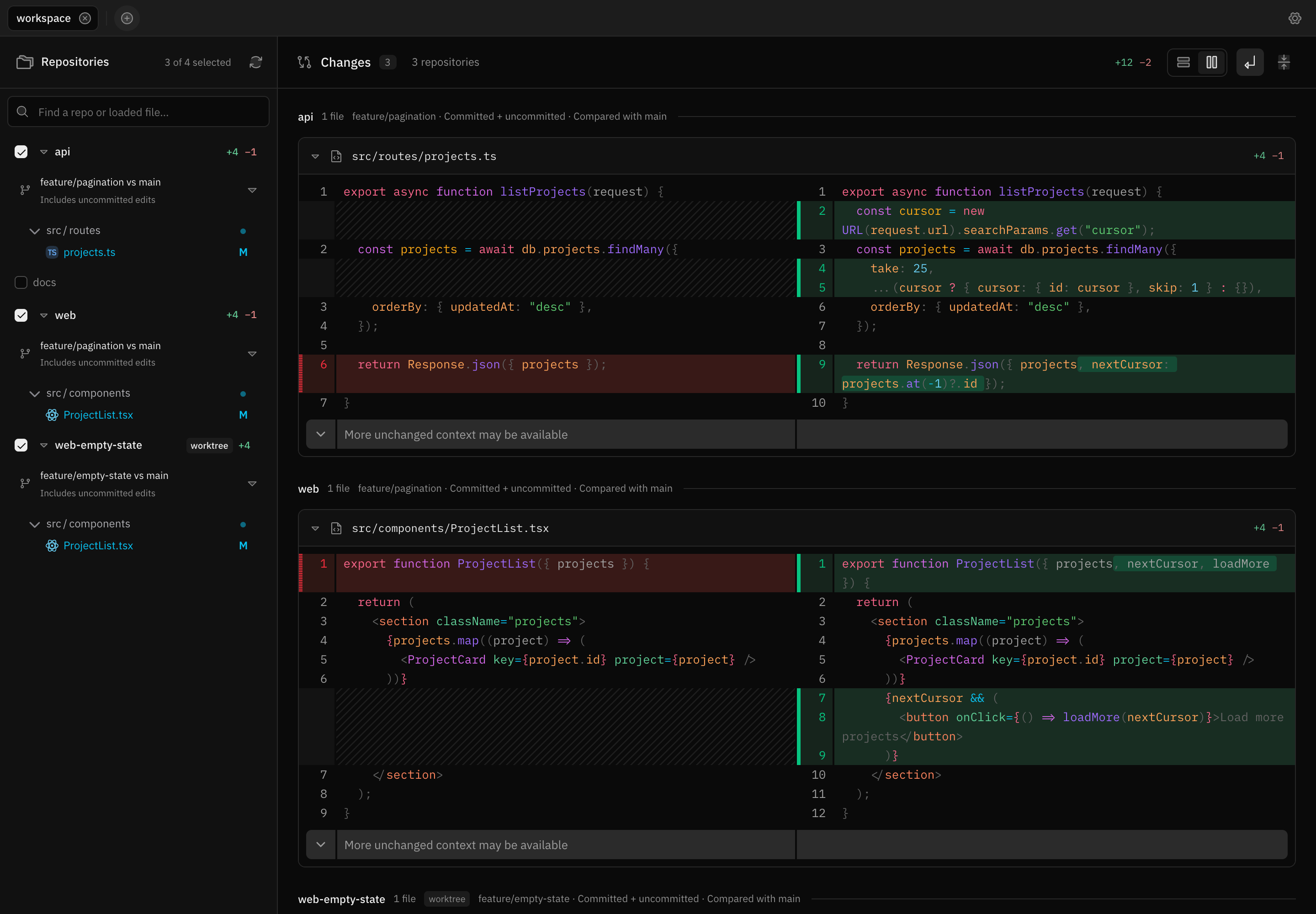 Split diffs in the dark theme, showing changes across the API and frontend repositories