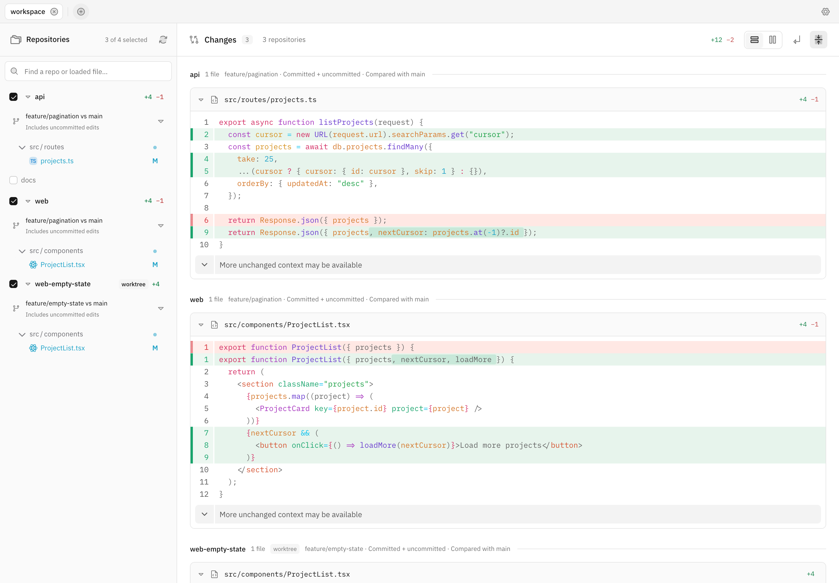 PolyDiff showing API and frontend changes together, with a separate feature worktree in the sidebar