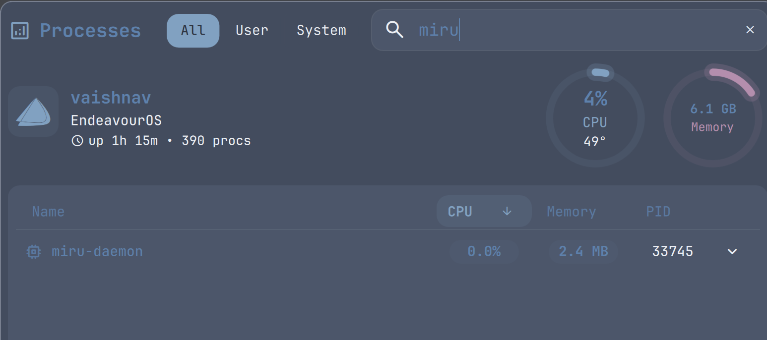 miru-daemon at 0% CPU while idle