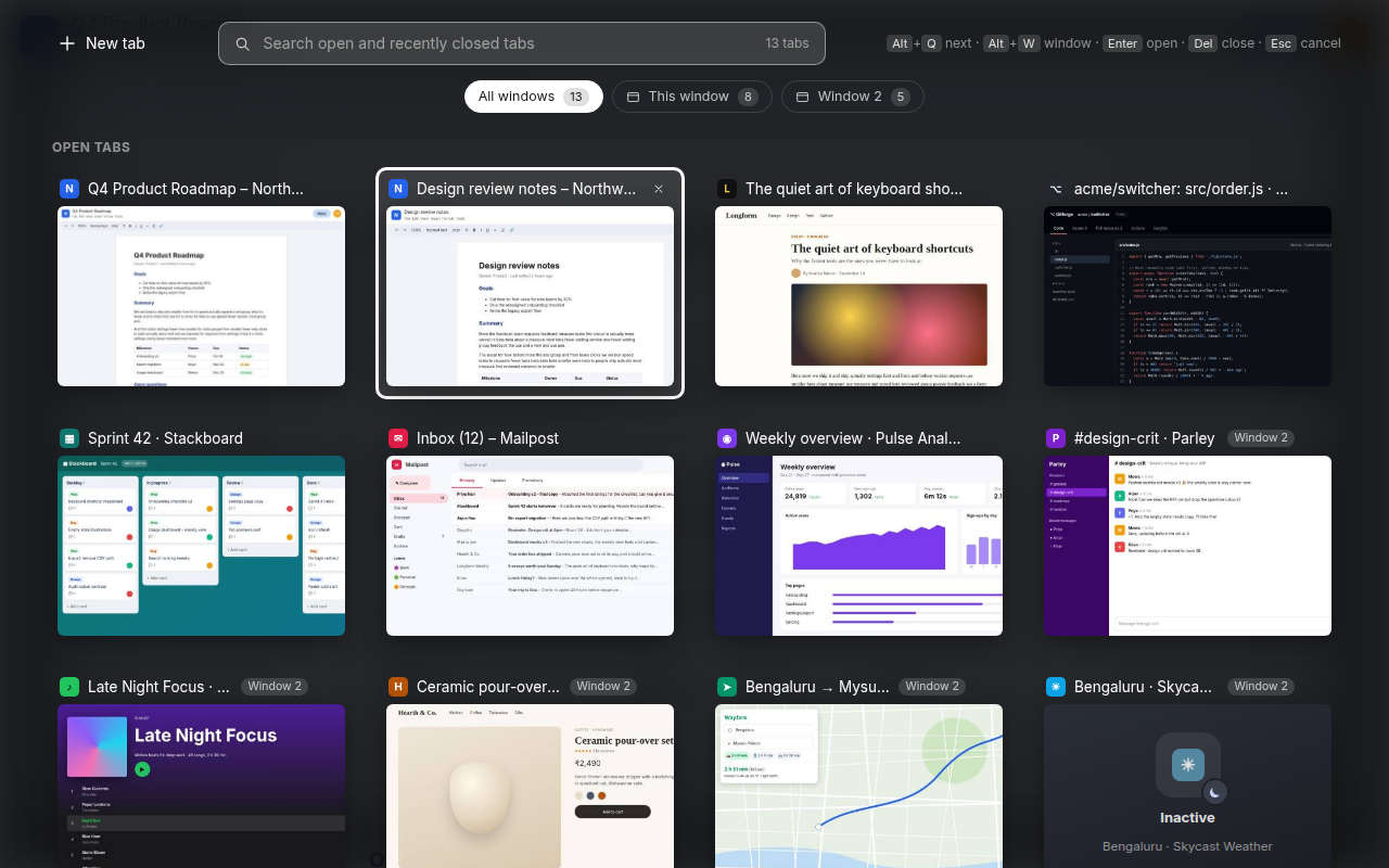 Tabatha showing previews of open tabs