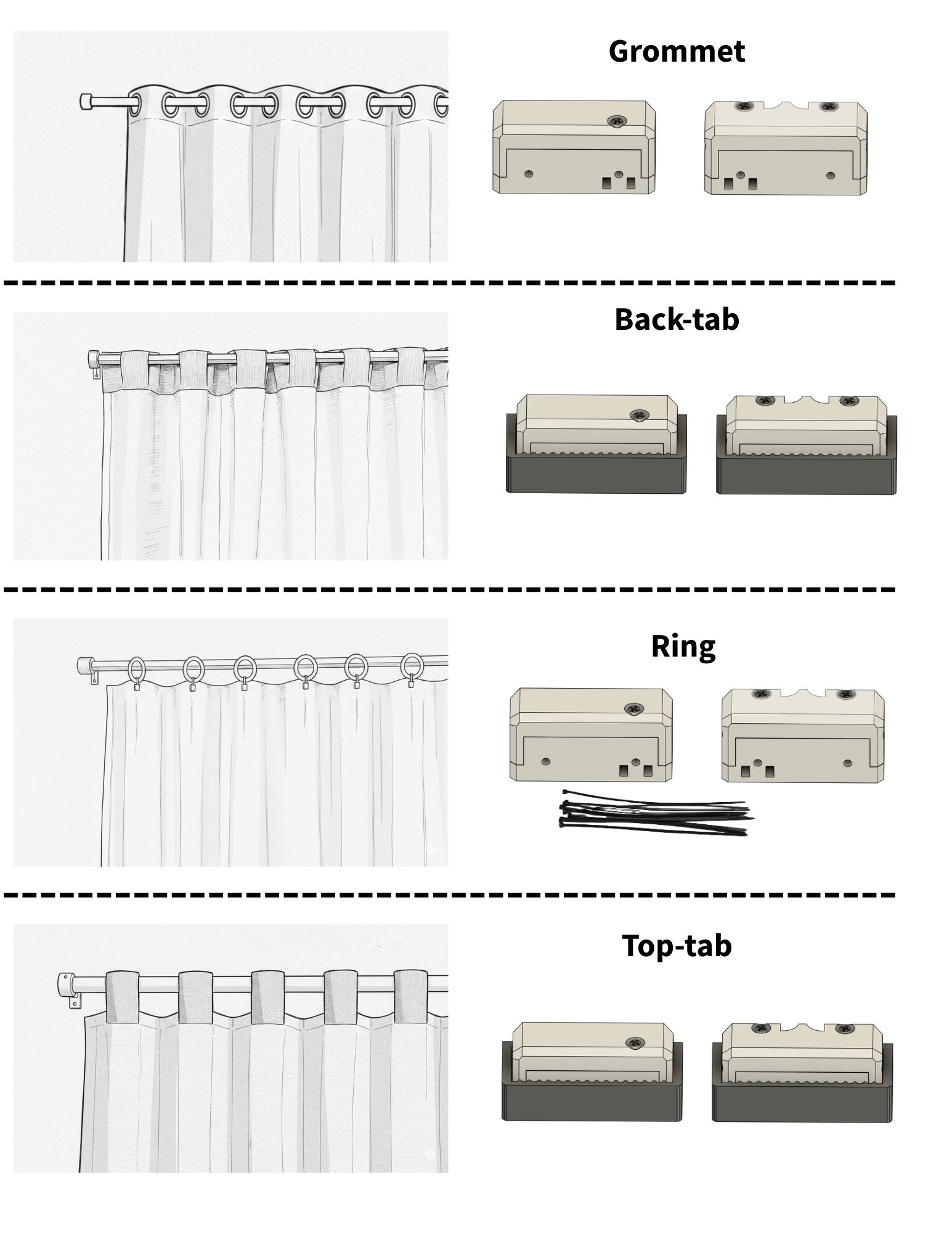 Grommet, back-tab, ring, and top-tab curtain types