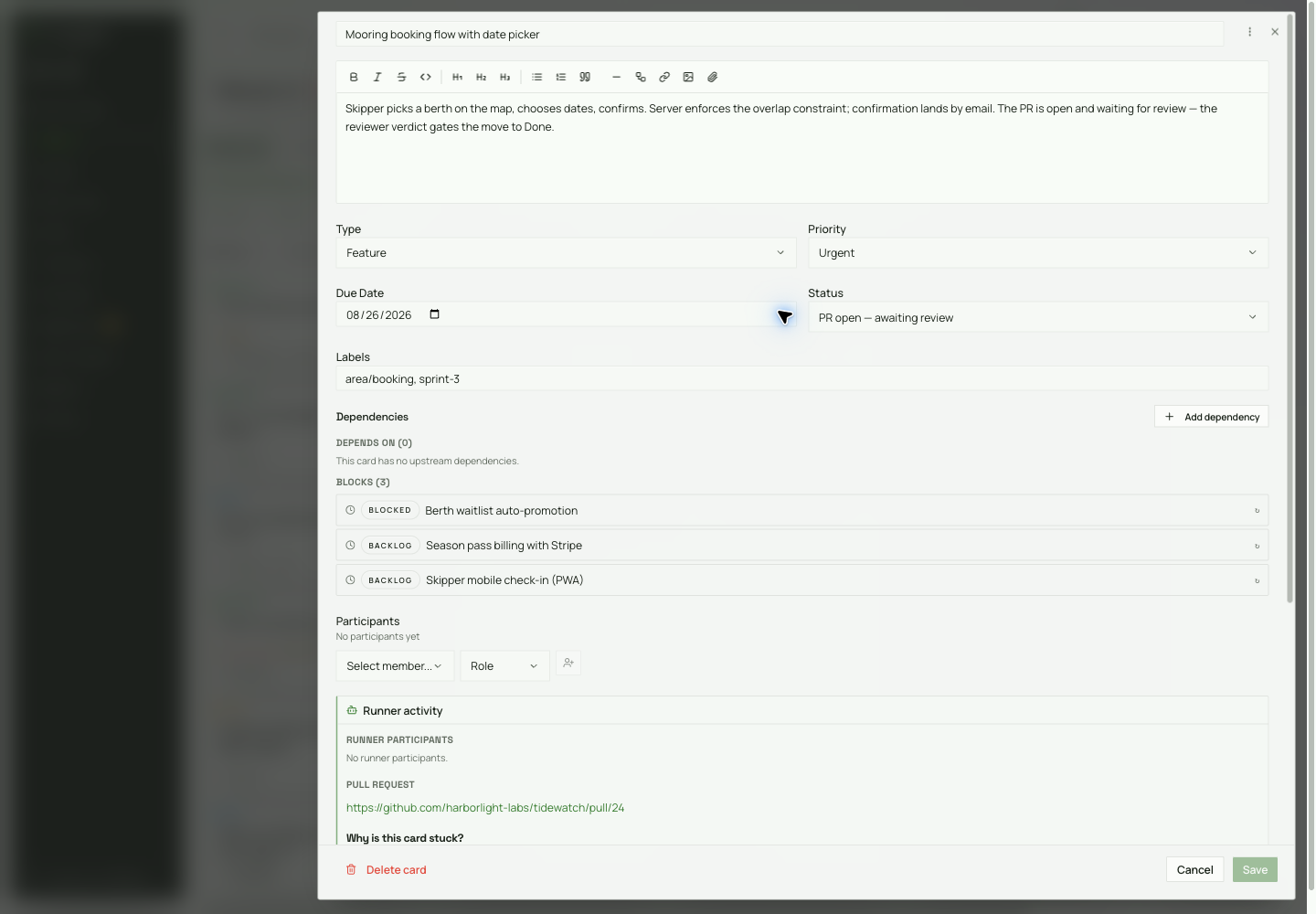 A task showing its description, priority, dependencies, participants, and linked pull request