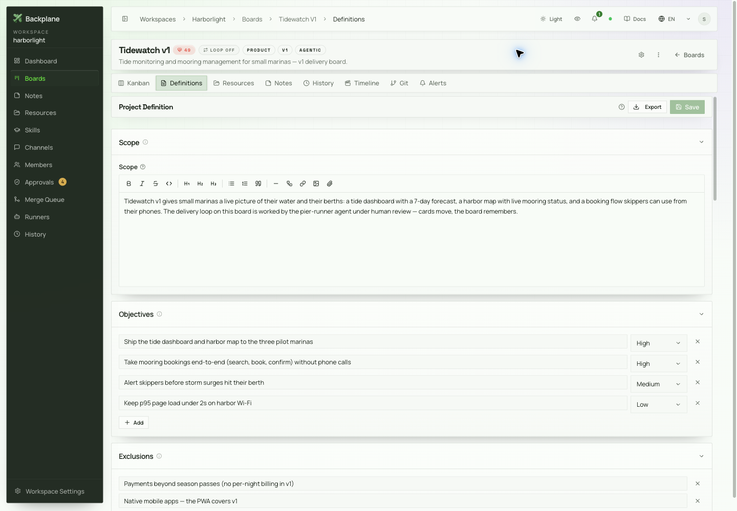 Project definition showing scope, objectives, priorities, and exclusions