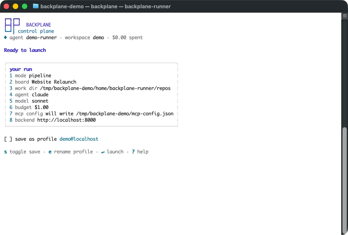 Backplane runner terminal wizard reviewing the board, agent, model, MCP configuration, and profile before launch
