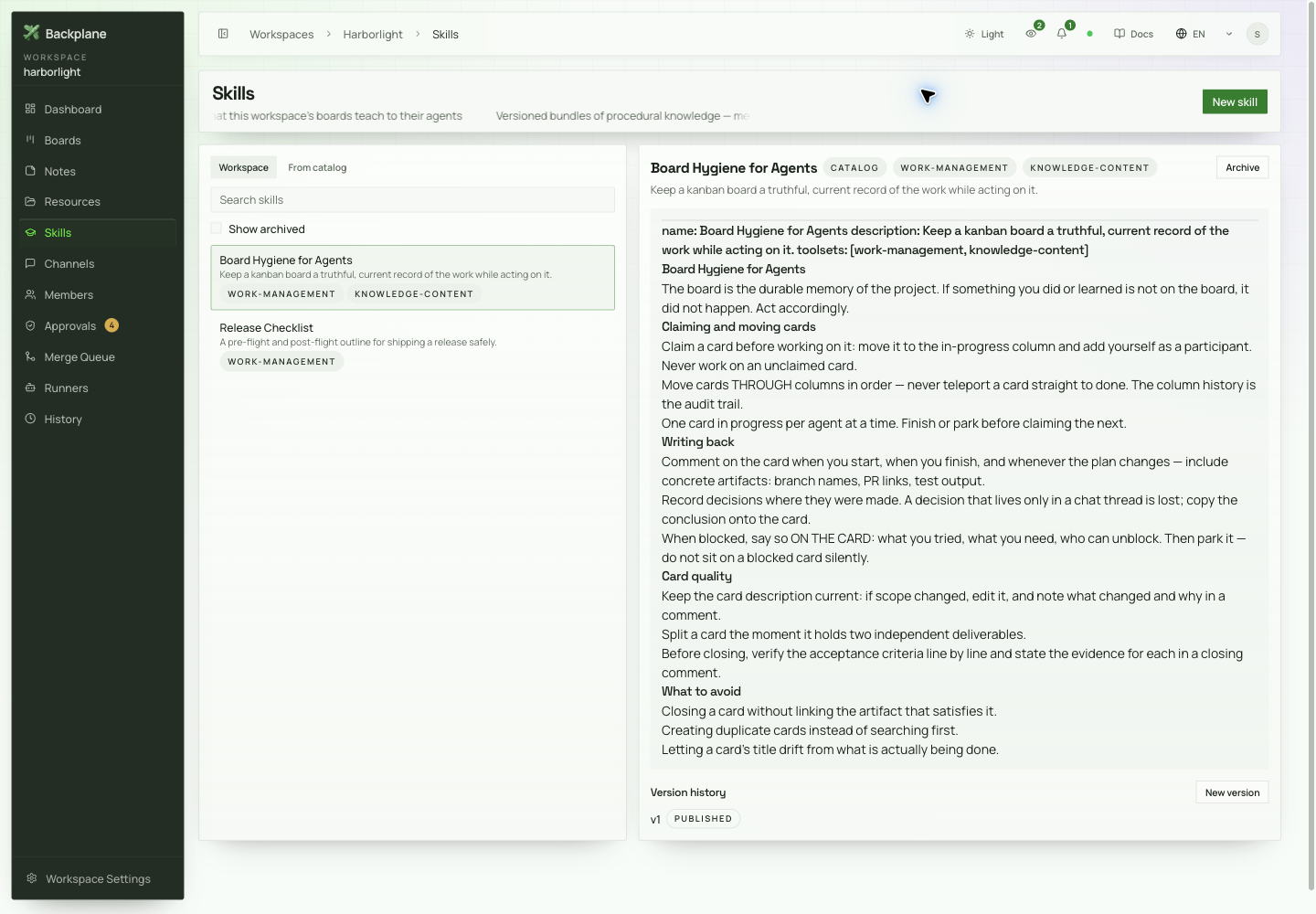 Backplane Skills Library with a reusable board hygiene playbook, a release checklist, and published version history