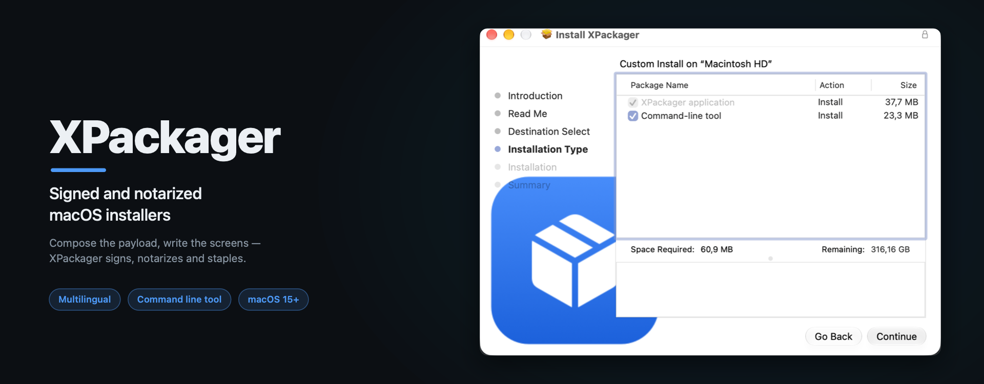 XPackager — signed and notarized macOS installers