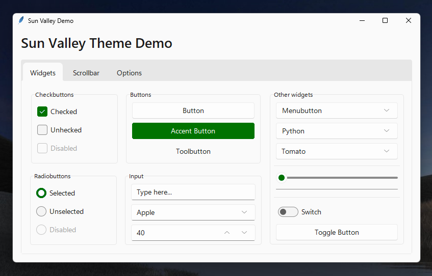 Screenshot of Sun Valley ttk theme
