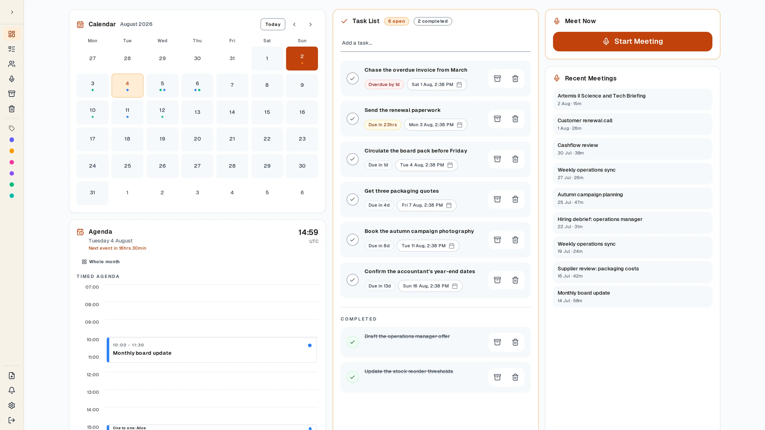 The Nojoin dashboard: calendar, agenda, tasks and recent meetings