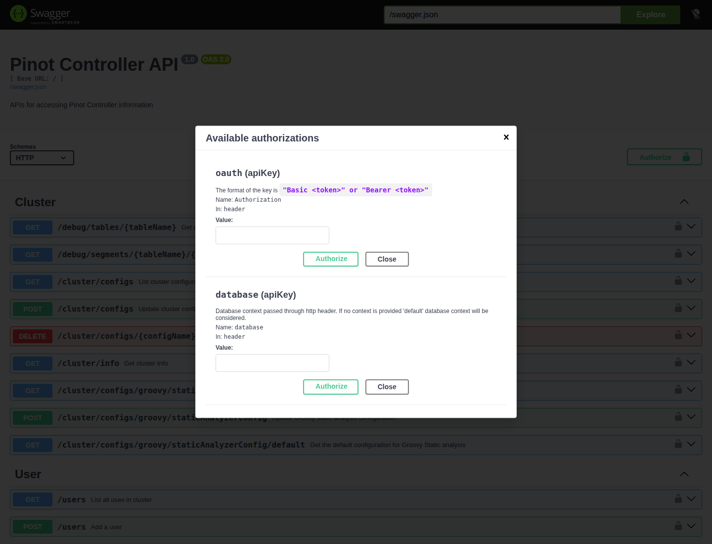 Pinot Swagger authorize dialog