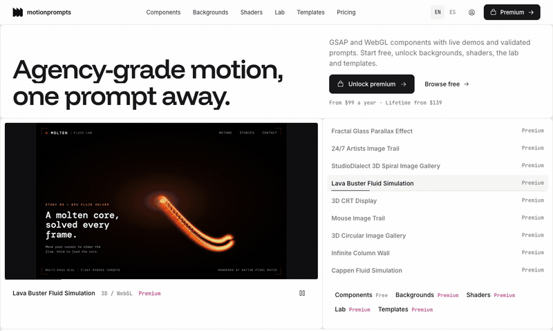 motionprompts: GSAP and WebGL components, each with a live demo and a validated prompt