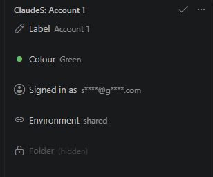 One account's page: names and addresses hidden, the environment shared, the folder read-only