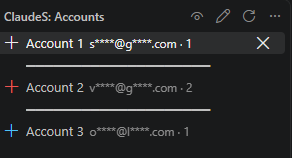 The accounts panel: three accounts, each with a + and a count of its open terminals, the hovered one showing x