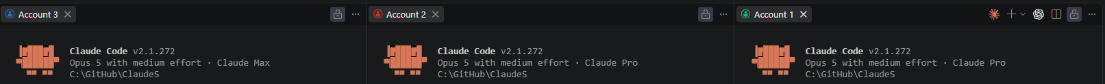 Three terminals side by side in one project, each on a different account with its own colour on the tab